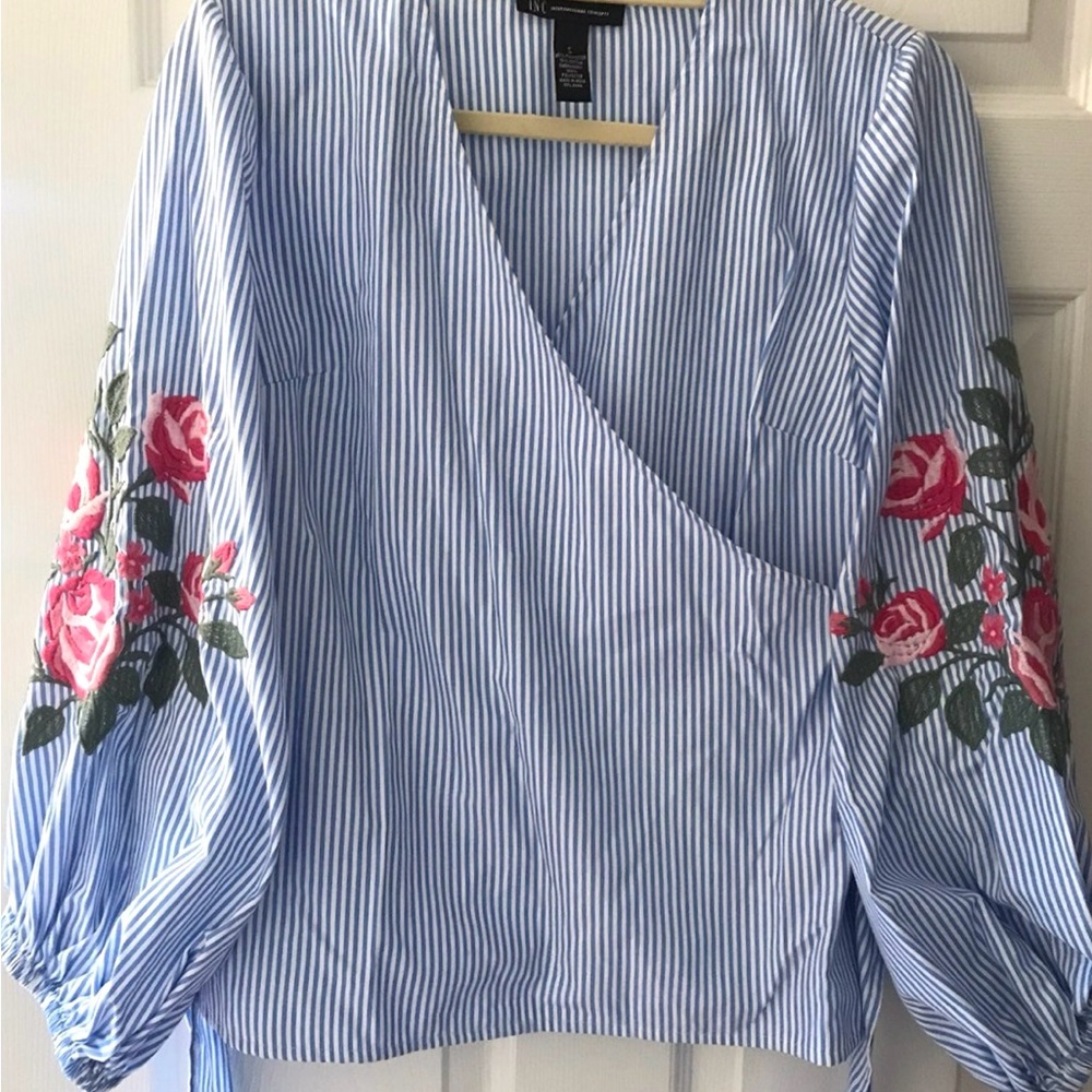 NWT Elegant Blue Striped Blouse with Floral Sleeves